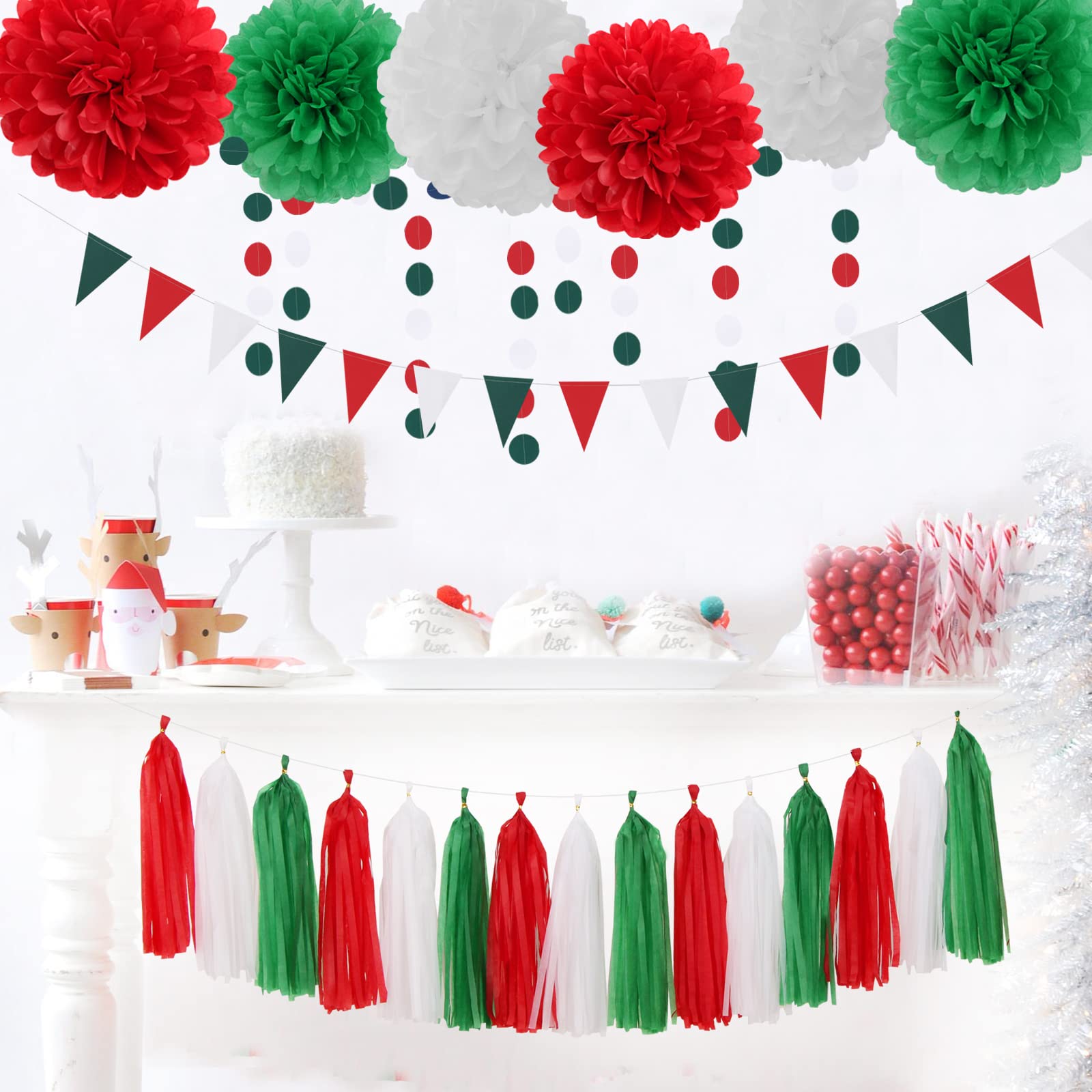 Red-Green White Christmas In July Party-Decorations - 23Pcs Mexico Italy Tissue Pom Poms Streamers,Tassel Garland Banner,Mexican